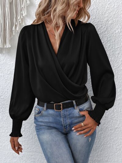 Surplice Smocked Lantern Sleeve Blouse - AllIn Computer