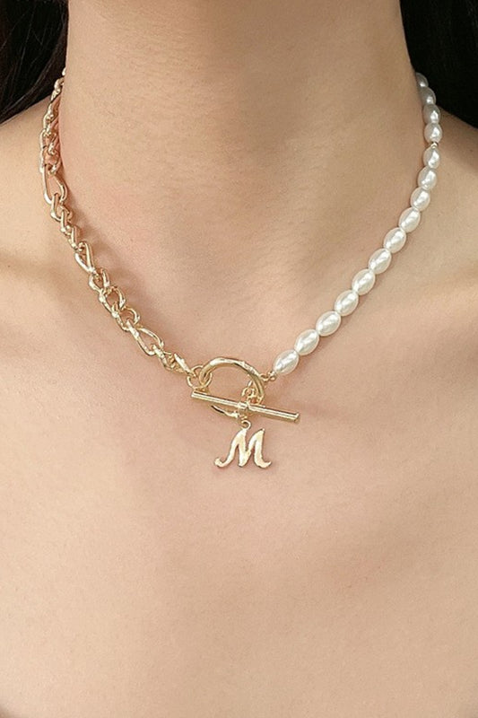 Alphabet M Pendant Half Pearl and Half Chain Necklace - AllIn Computer