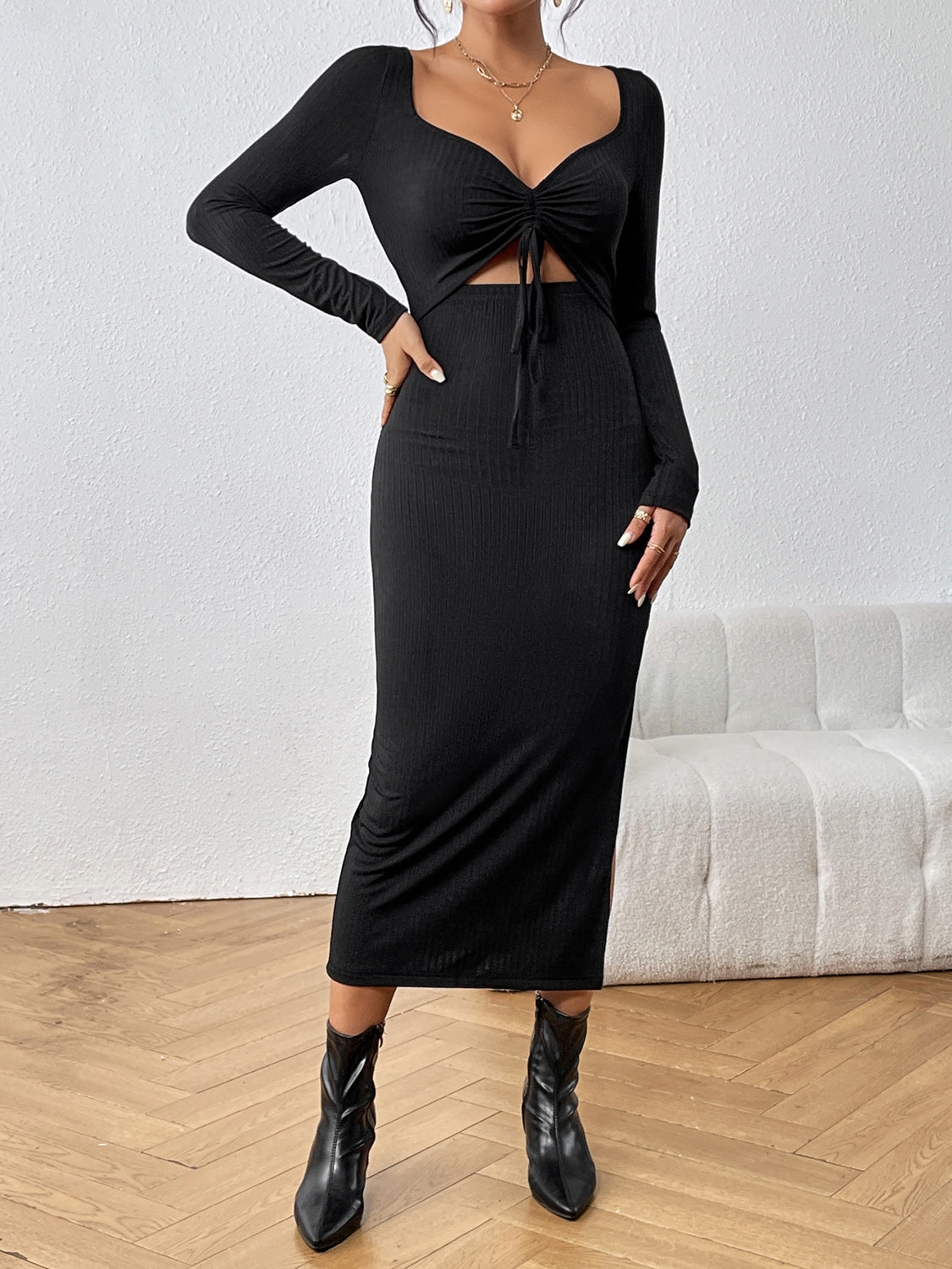 Cutout Drawstring Slit Dress - AllIn Computer