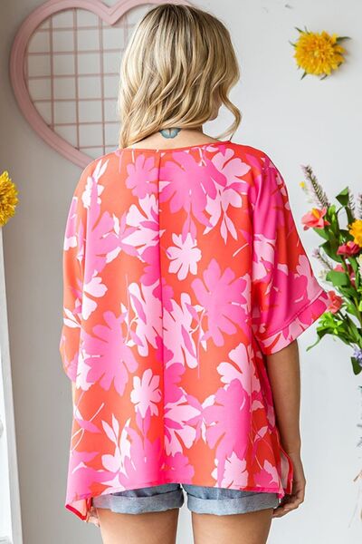 First Love Slit Printed Round Neck Half Sleeve Blouse - AllIn Computer