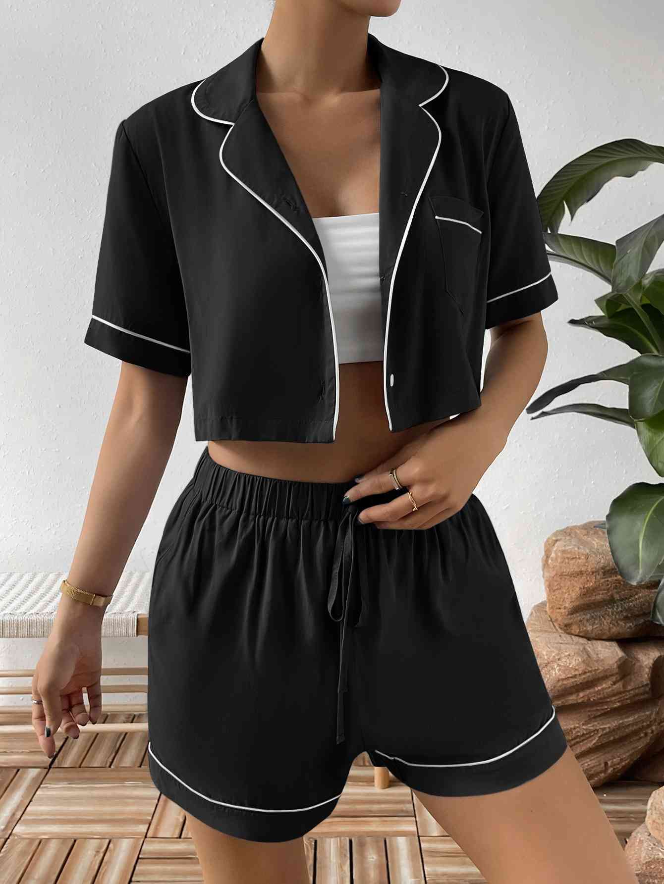 Contrast Lapel Collar Cropped Shirt and Shorts Lounge Set | CLOTHING,SHOES & ACCESSORIES | lounge wear, loungewear, outfit sets, Ship From Overseas, Y&BL | Trendsi