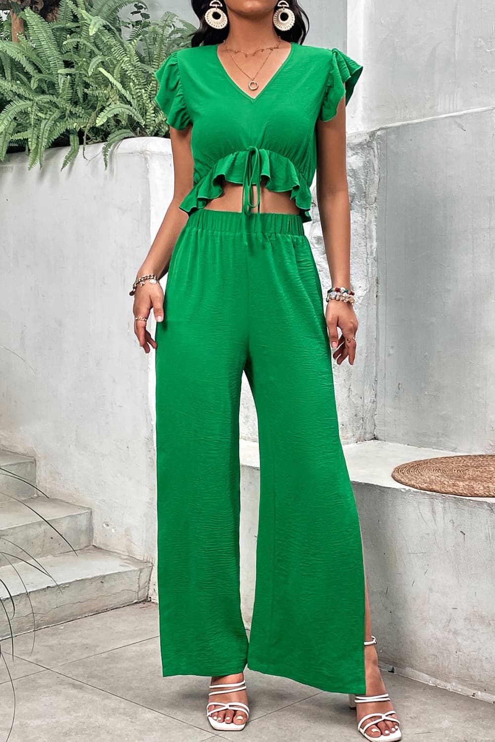 V-Neck Ruffle Hem Top and Slit Pants Set - AllIn Computer