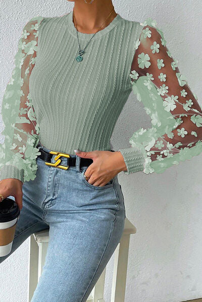 Double Take Textured Applique Long Sleeve Blouse - AllIn Computer