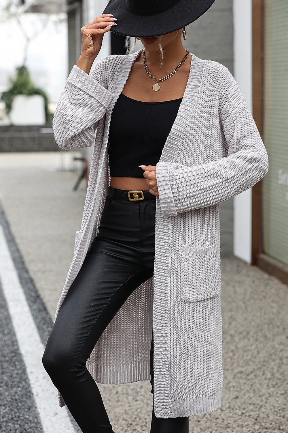 Dropped Shoulder Long Sleeve Cardigan with Pocket - AllIn Computer