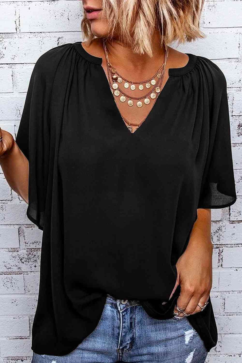 Gathered Detail Notched Neck Flutter Sleeve Top - AllIn Computer