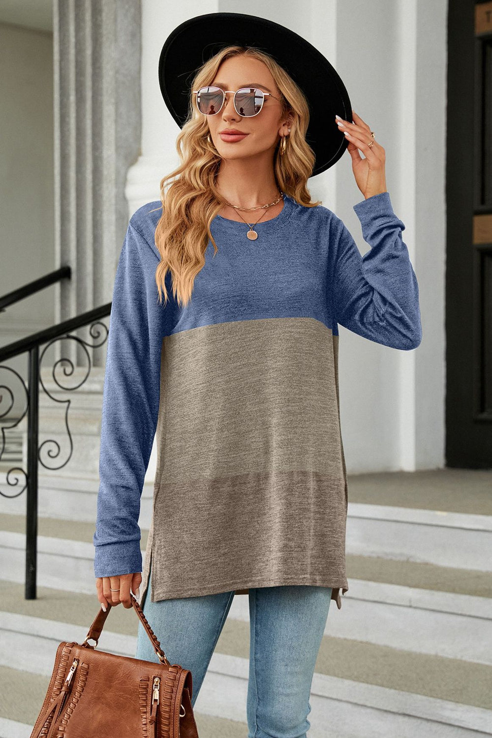 Color Block Round Neck Long Sleeve Slit T-Shirt - AllIn Computer