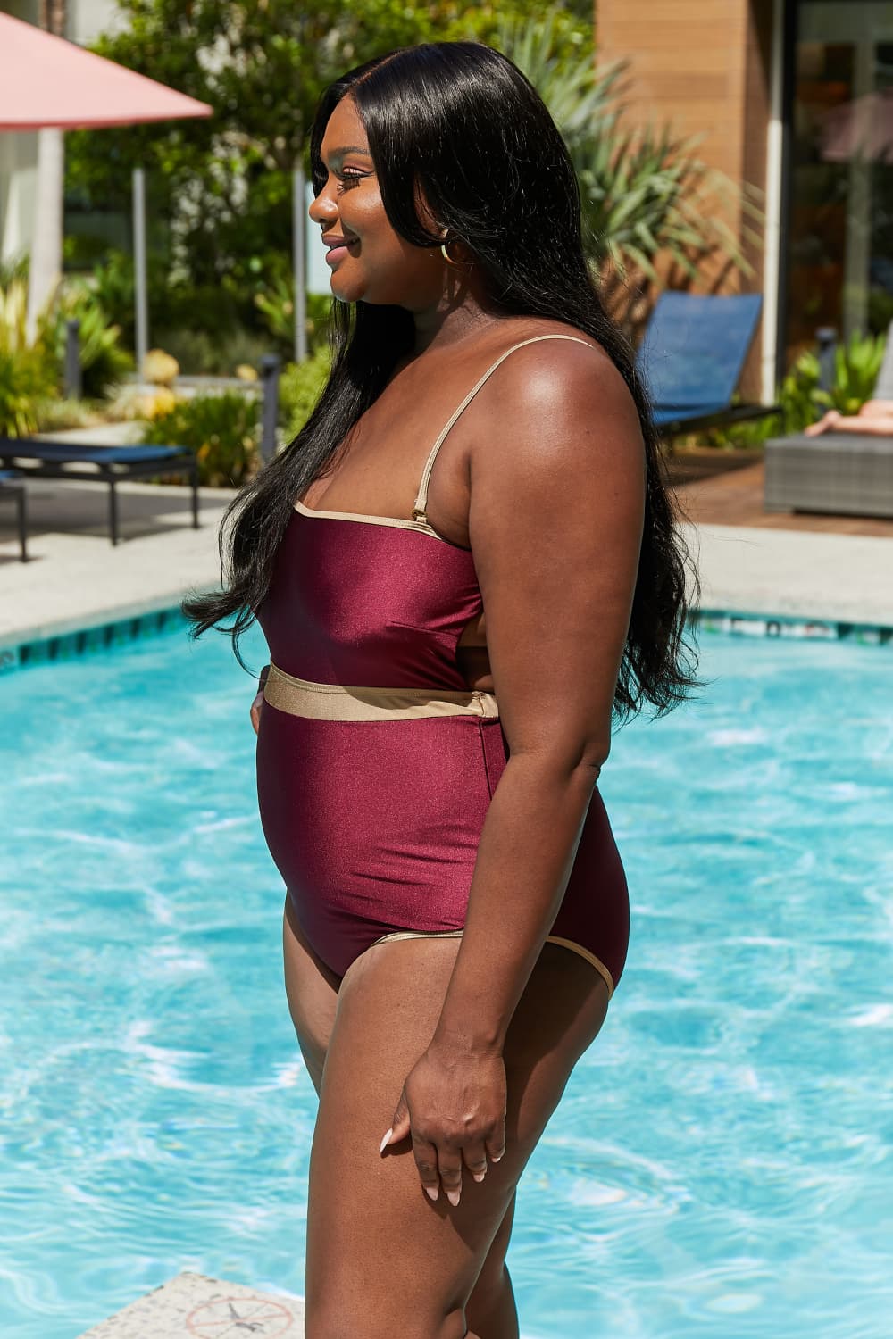 Marina West Swim Wave Break Contrast Trim One-Piece in Wine - AllIn Computer