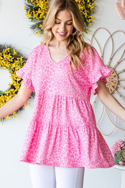 Heimish Full Size Leopard Ruffle Trim Short Sleeve Top - AllIn Computer