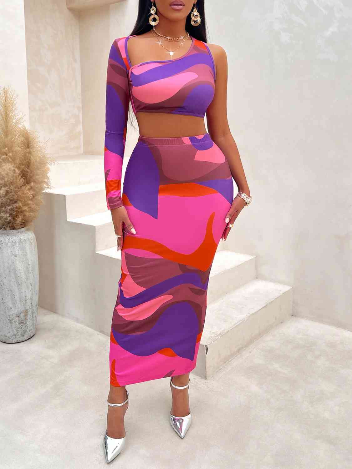 Asymmetrical Cropped Top and Slit Skirt Set - AllIn Computer