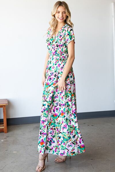 First Love Slit Printed Surplice Tie Waist Short Sleeve Dress - AllIn Computer