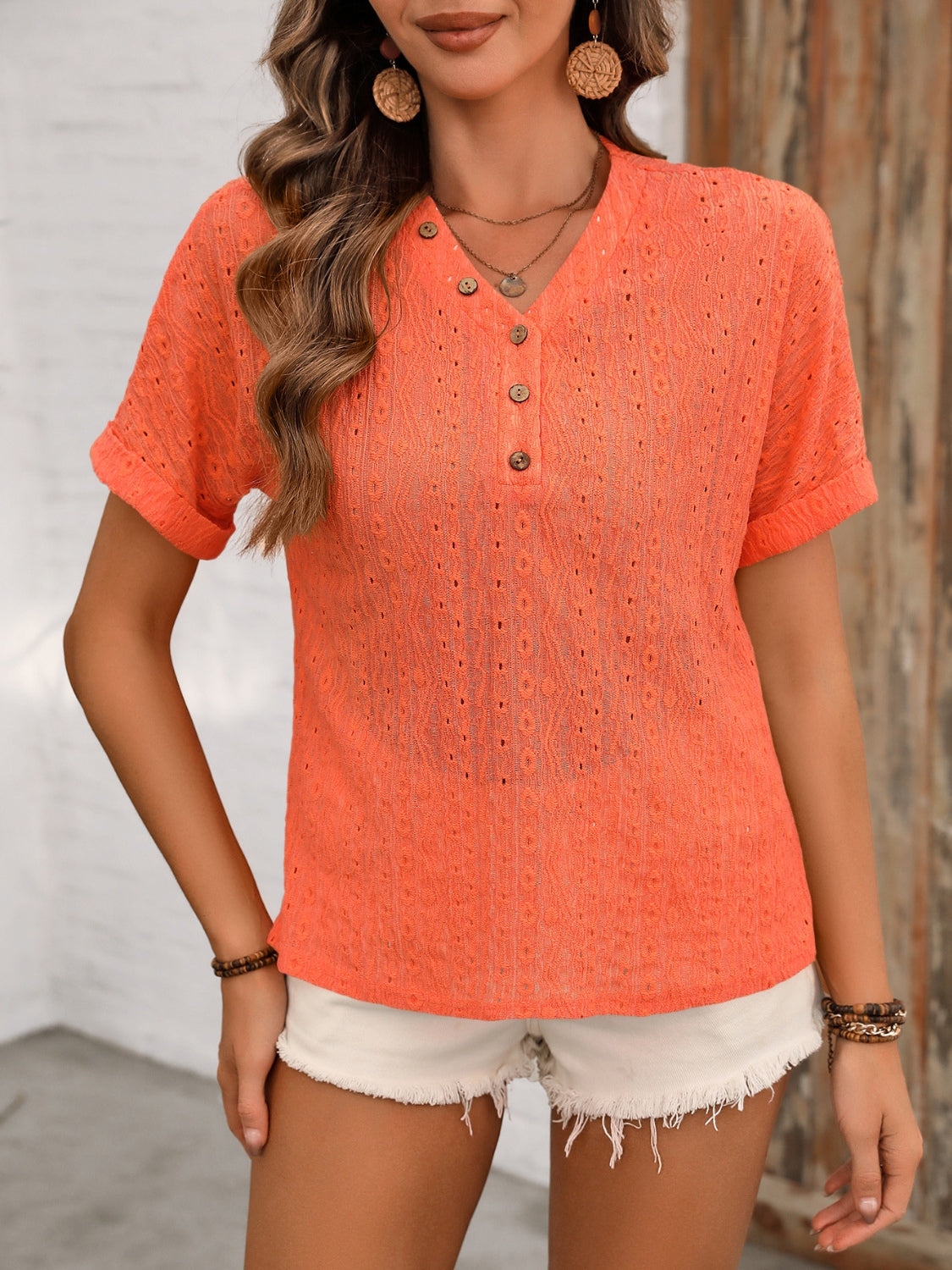 Eyelet V-Neck Short Sleeve Top - AllIn Computer