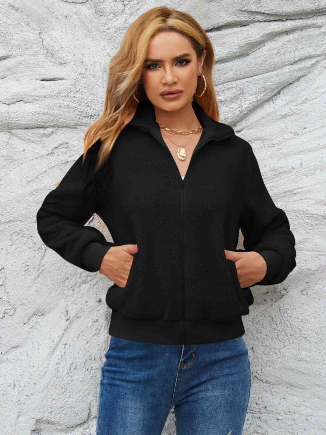 Zip Up Collared Neck Long Sleeve Jacket - AllIn Computer