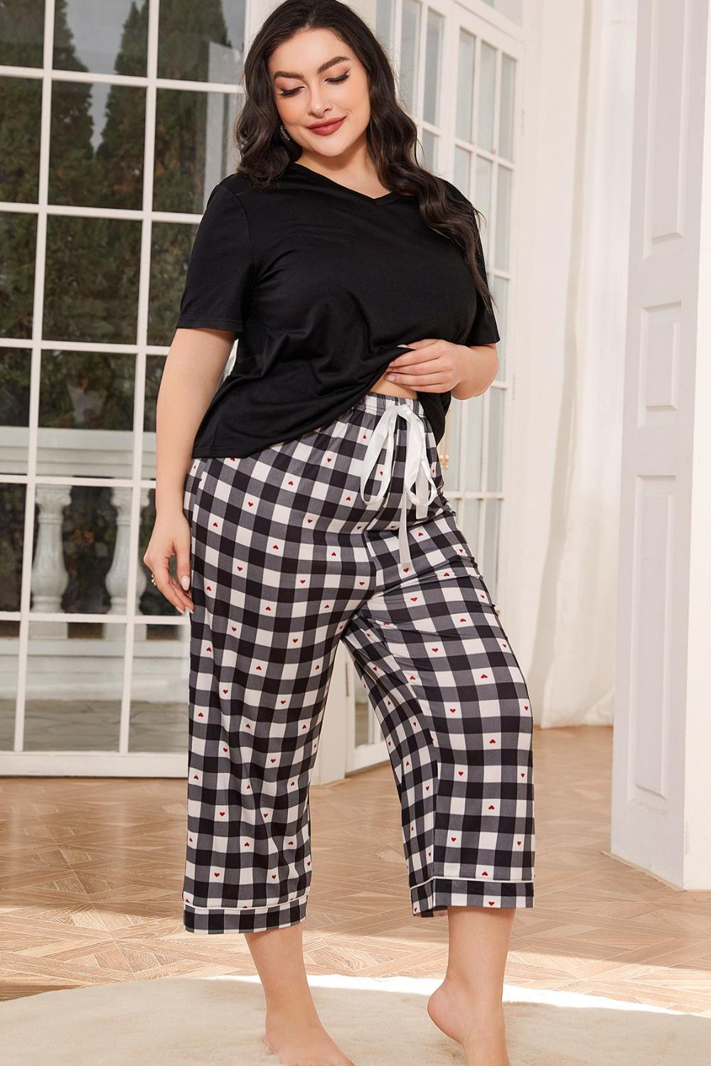 V-Neck Tee and Plaid Cropped Pants Lounge Set - AllIn Computer