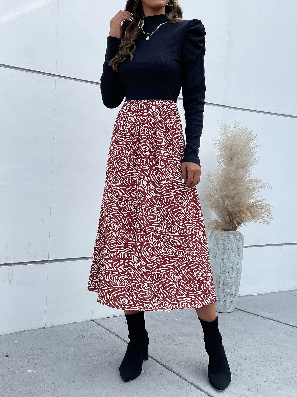 Printed Mock Neck Puff Sleeve Midi Dress - AllIn Computer