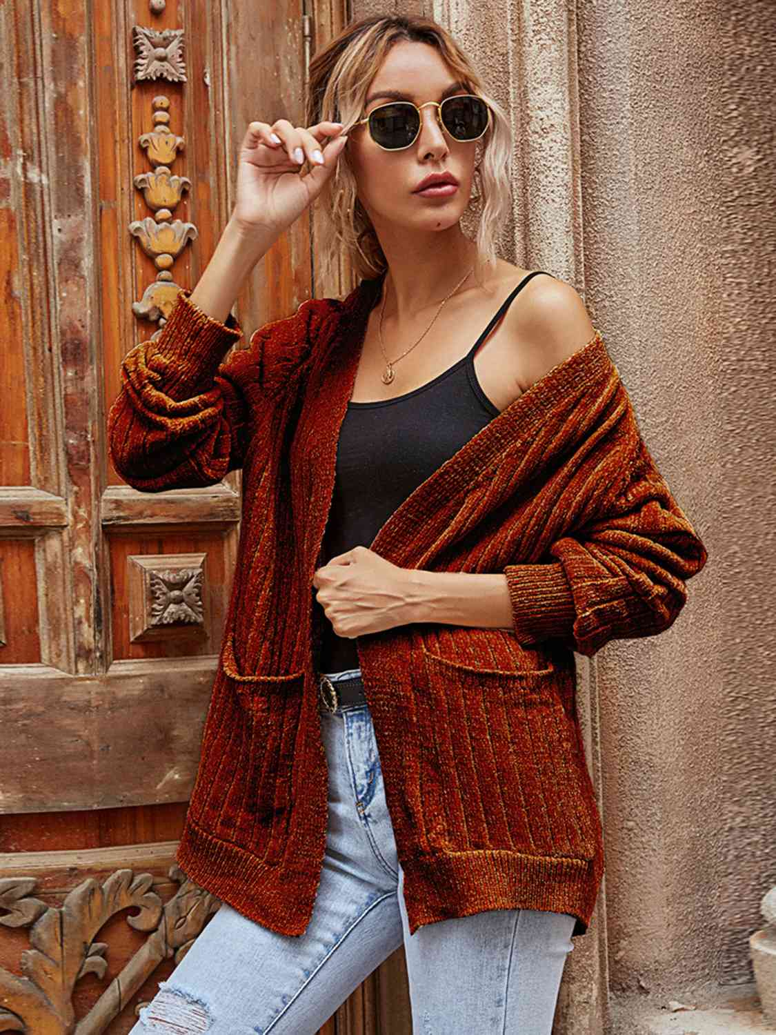 Ribbed Open Front Long Sleeve Cardigan with Pockets - AllIn Computer