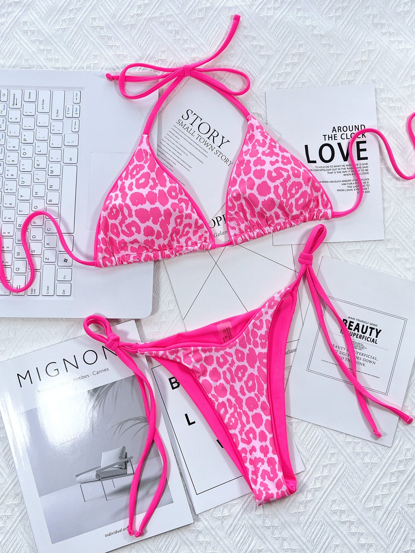 Leopard Print Halter Neck Tie Side Bikini Set - AllIn Computer