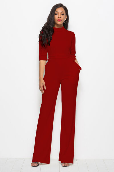 Mock Neck Tie-Waist Half Sleeve Jumpsuit - AllIn Computer