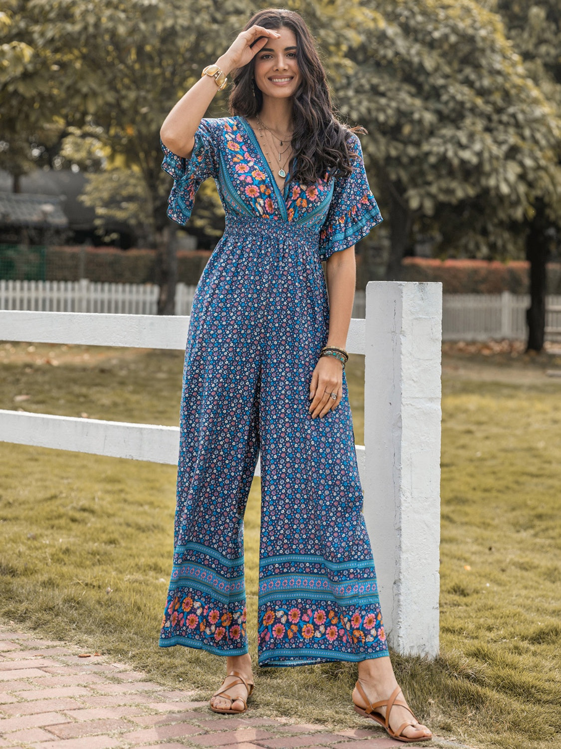 Floral Surplice Flutter Sleeve Jumpsuit - AllIn Computer