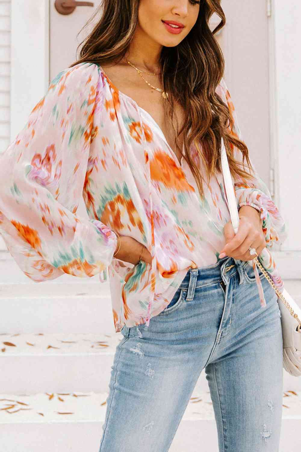 Printed Tie Neck Long Sleeve Blouse - AllIn Computer