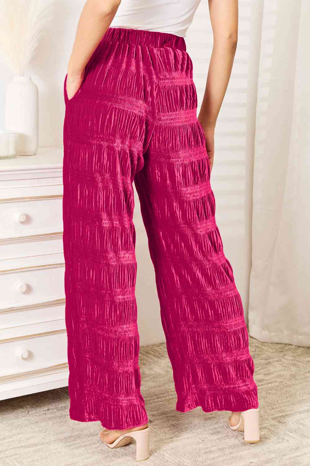 Double Take Full Size High Waist Tiered Shirring Velvet Wide Leg Pants - AllIn Computer