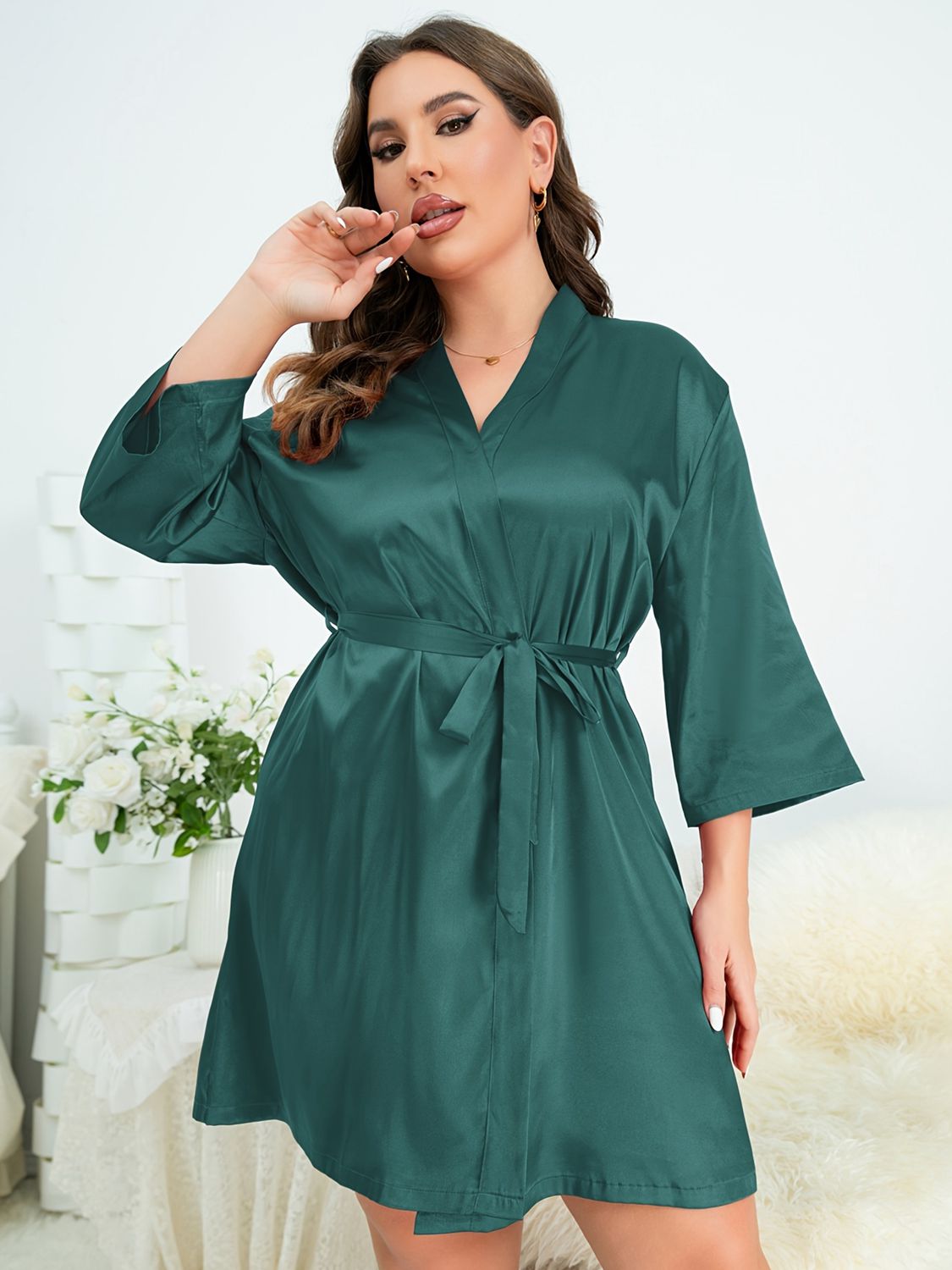 Plus Size Surplice Neck Tie Waist Robe - AllIn Computer