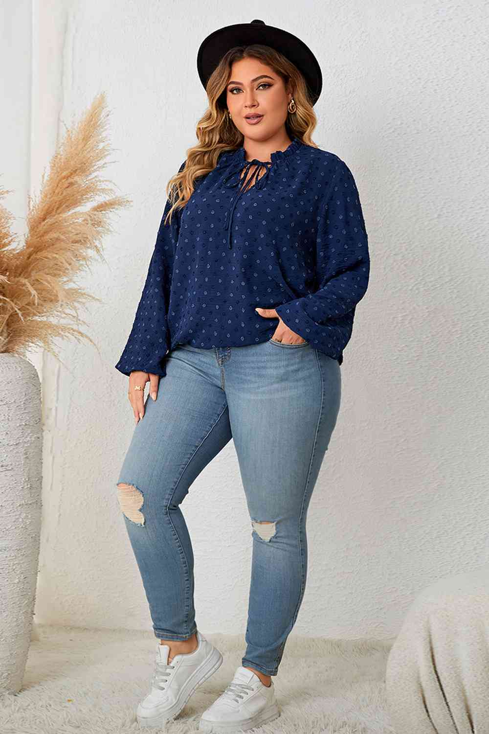 Plus Size Tie Neck Balloon Sleeve Blouse - AllIn Computer