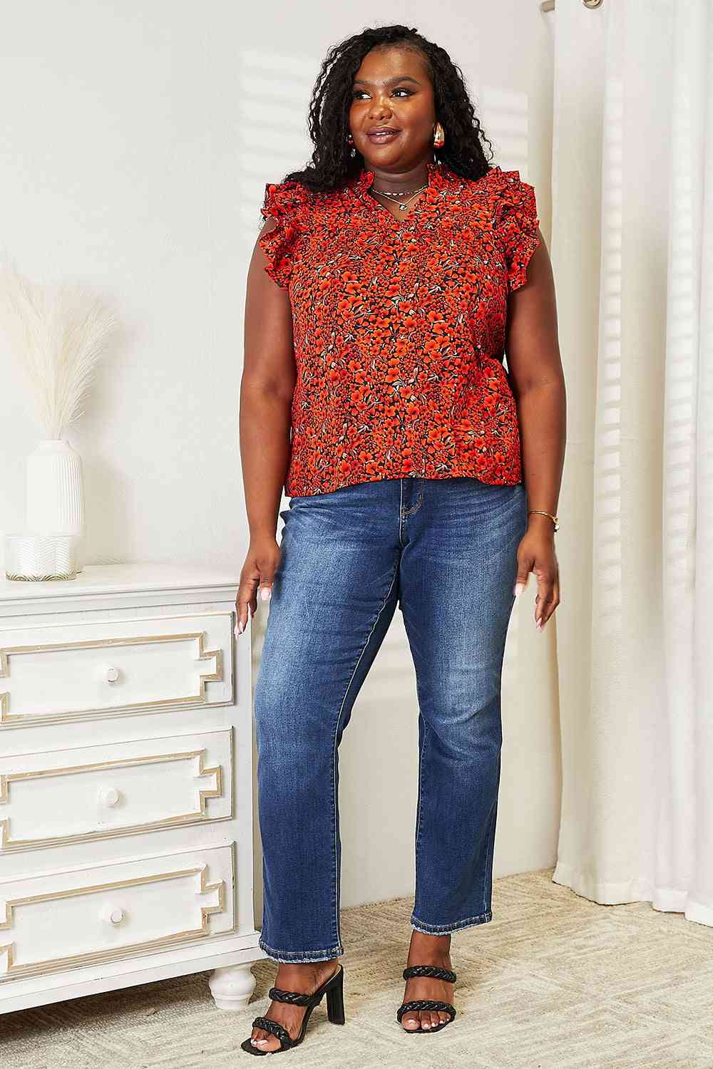 Double Take Floral Flutter Sleeve Notched Neck Blouse - AllIn Computer