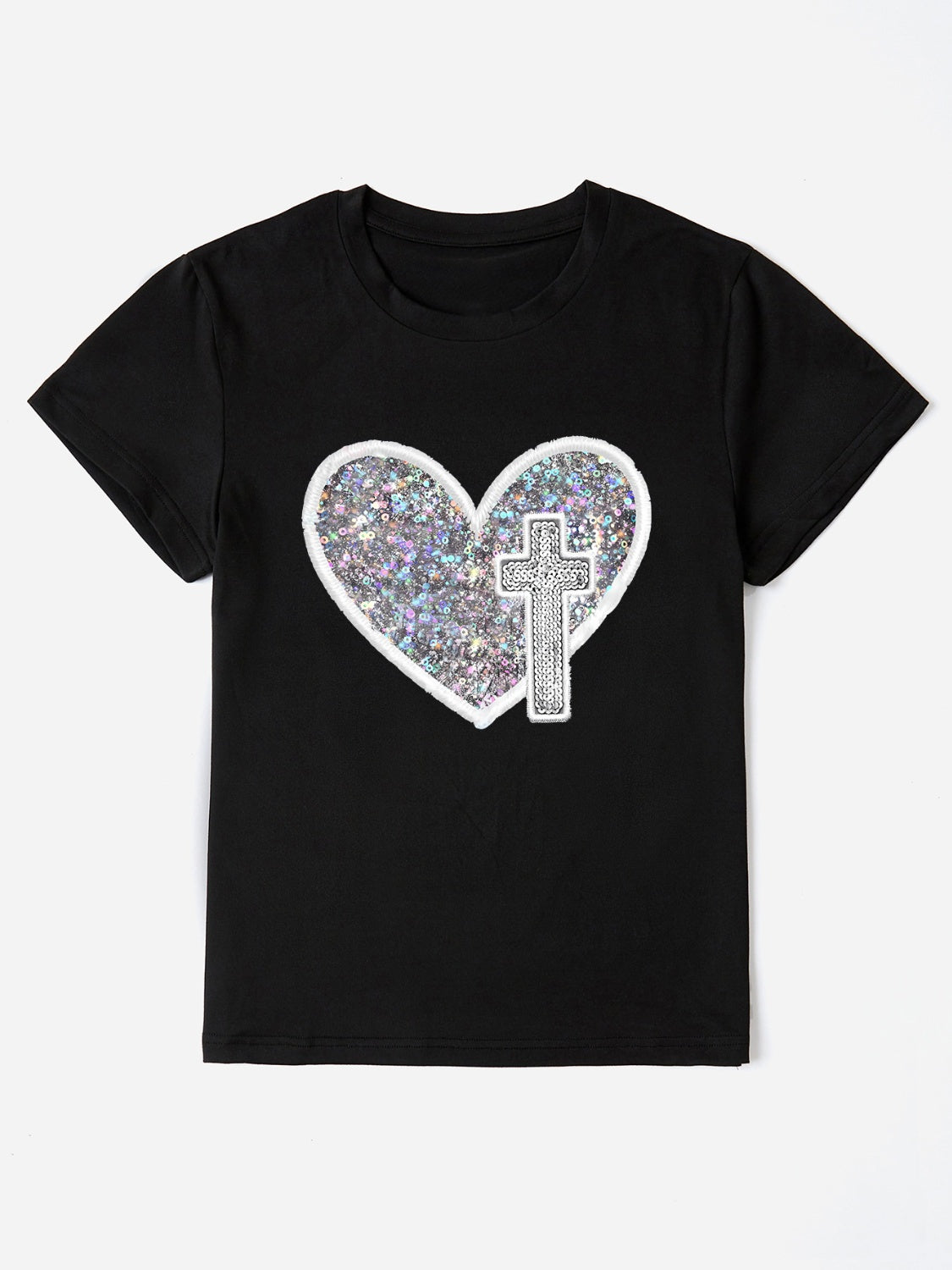Sequin Heart Round Neck Short Sleeve T-Shirt - AllIn Computer