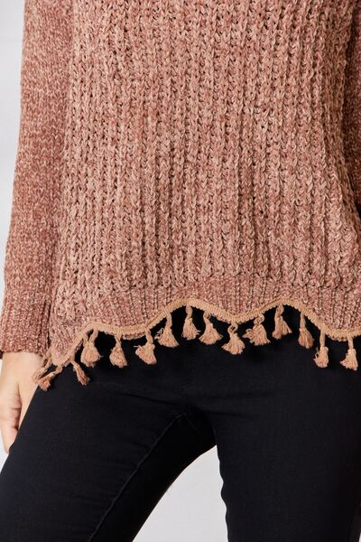 BiBi Tassel Trim Long Sleeve Sweater - AllIn Computer