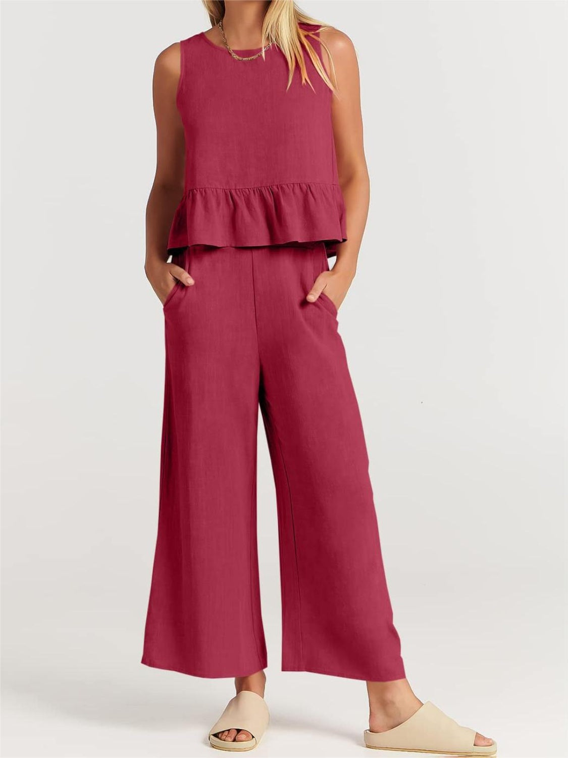 Full Size Round Neck Top and Wide Leg Pants Set - AllIn Computer