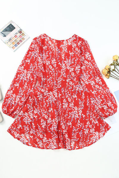 Printed Surplice Balloon Sleeve Layered Dress - AllIn Computer