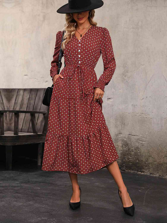 Printed Tiered V-Neck Buttoned Midi Dress - AllIn Computer