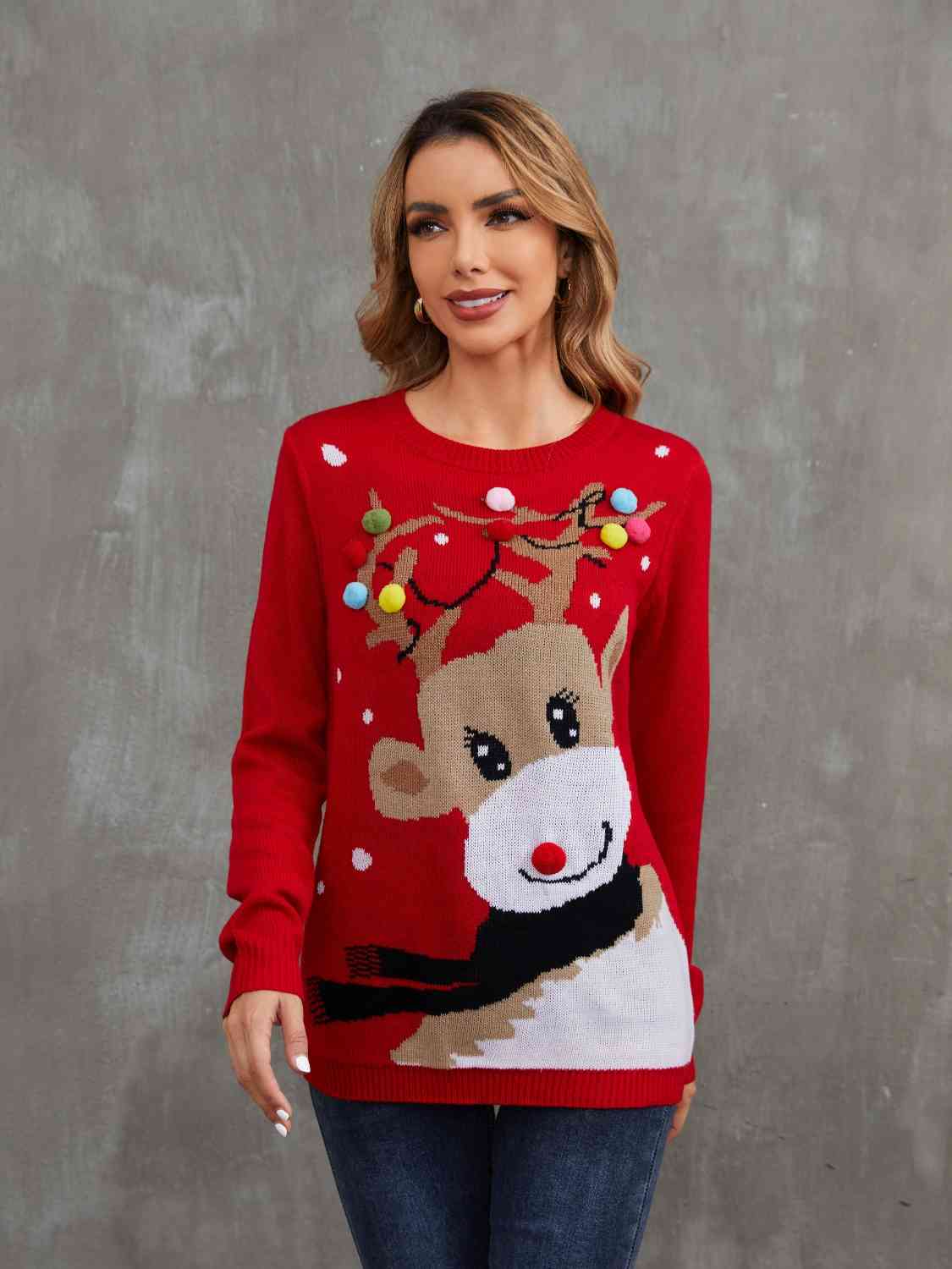Rudolph Pom-Pom Trim Sweater - AllIn Computer