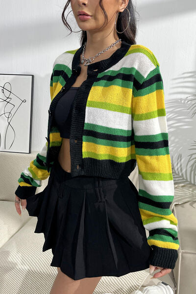 Striped Button Up Contrast Cropped Cardigan - AllIn Computer