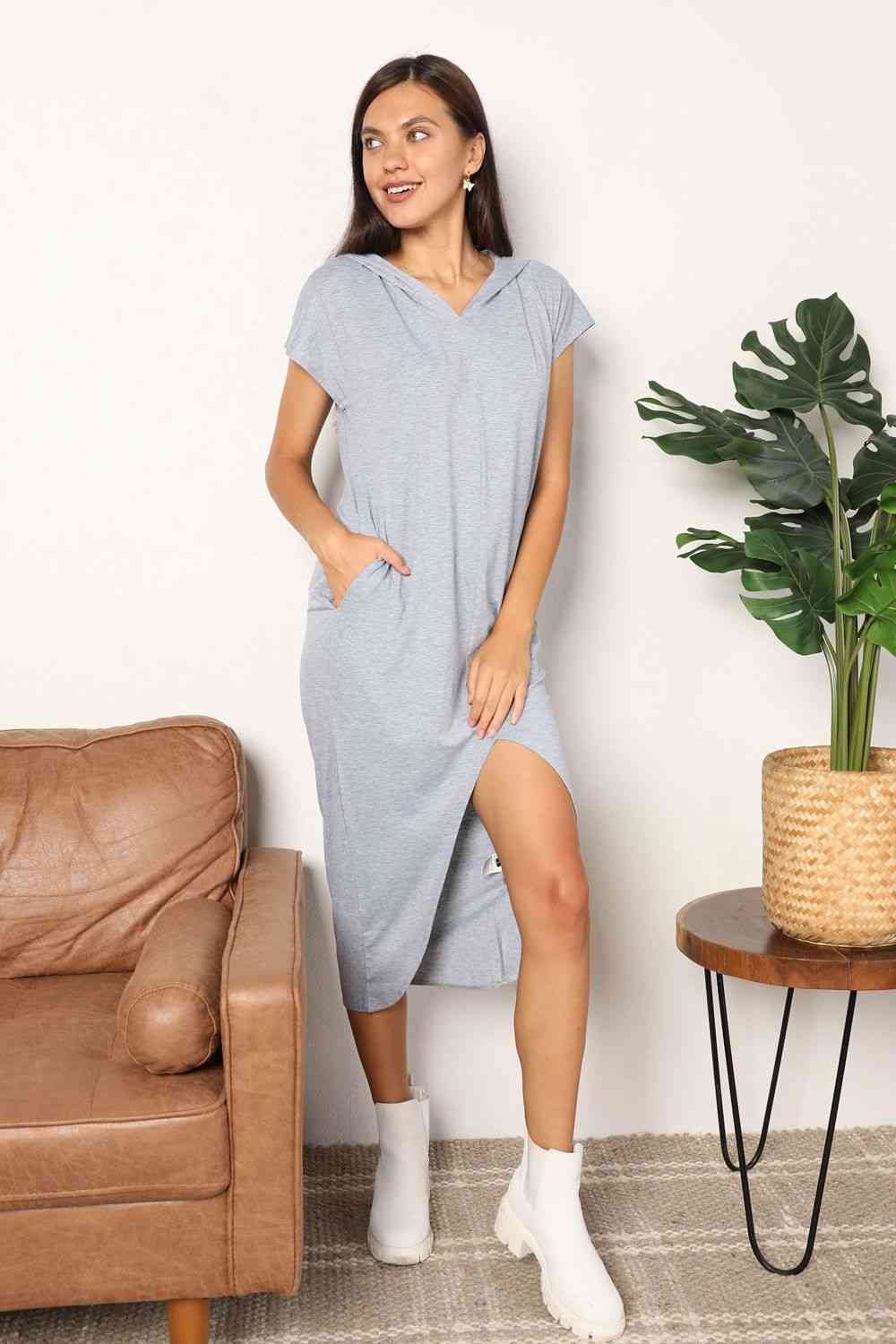Double Take Short Sleeve Front Slit Hooded Dress - AllIn Computer