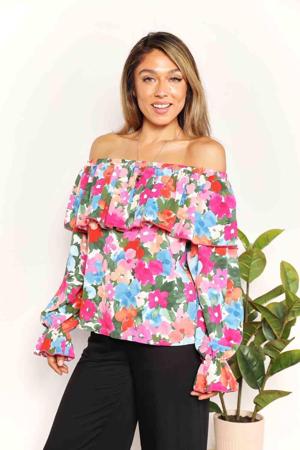Double Take Floral Off-Shoulder Flounce Sleeve Layered Blouse - AllIn Computer