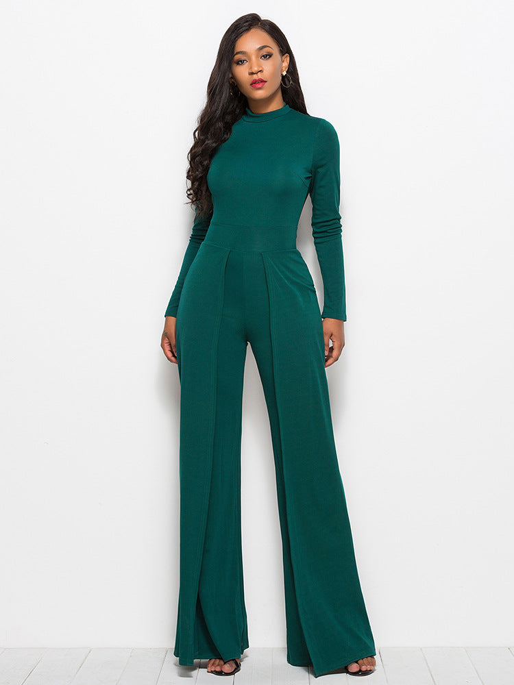 Long Sleeve Mock Neck Wide Leg Jumpsuit - AllIn Computer