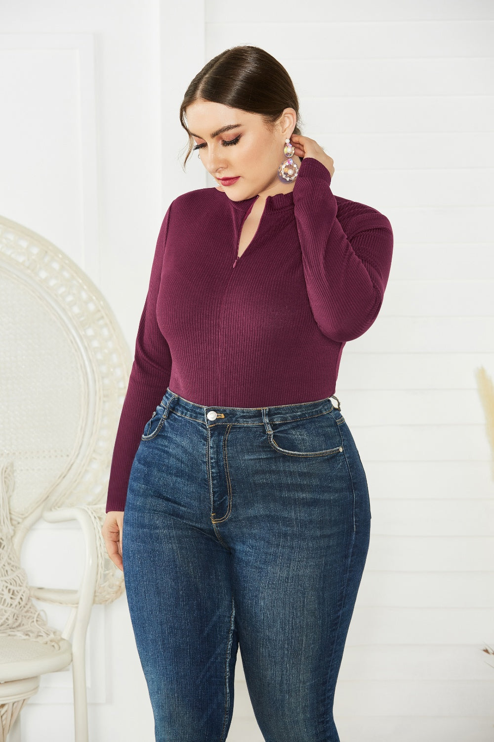 Plus Size Zip Up Long Sleeve Bodysuit - AllIn Computer