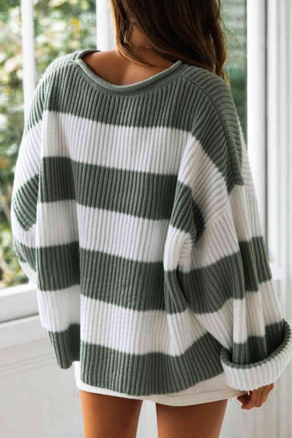 Striped Round Neck Long Sleeve Sweater - AllIn Computer