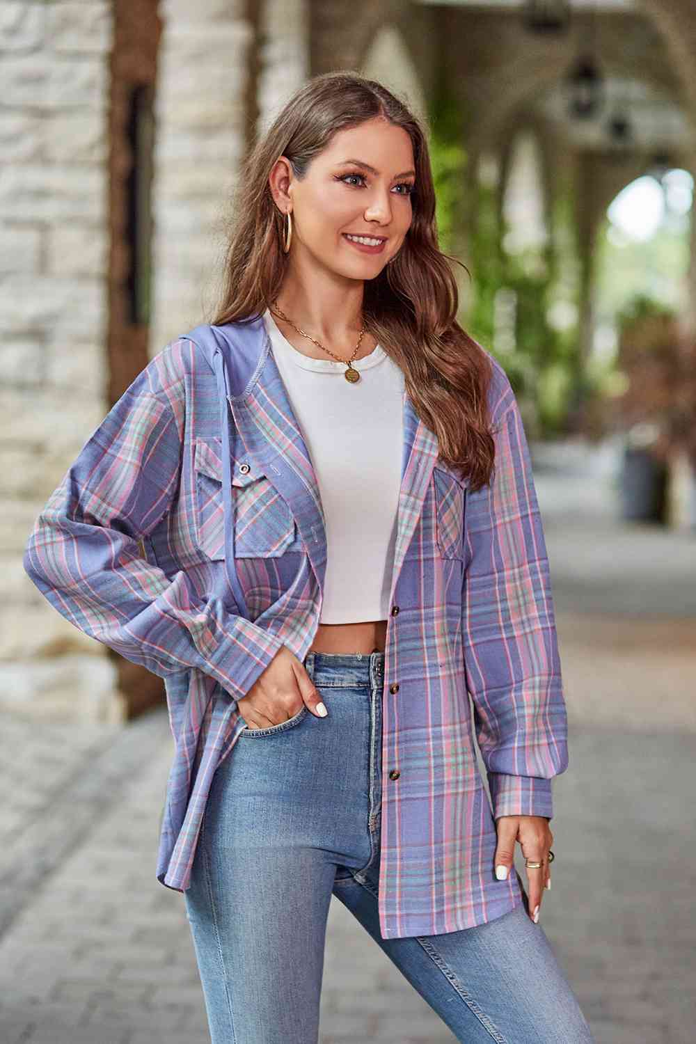Plaid Long Sleeve Hooded Jacket - AllIn Computer