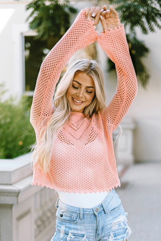 Openwork Round Neck Long Sleeve Knit Top - AllIn Computer