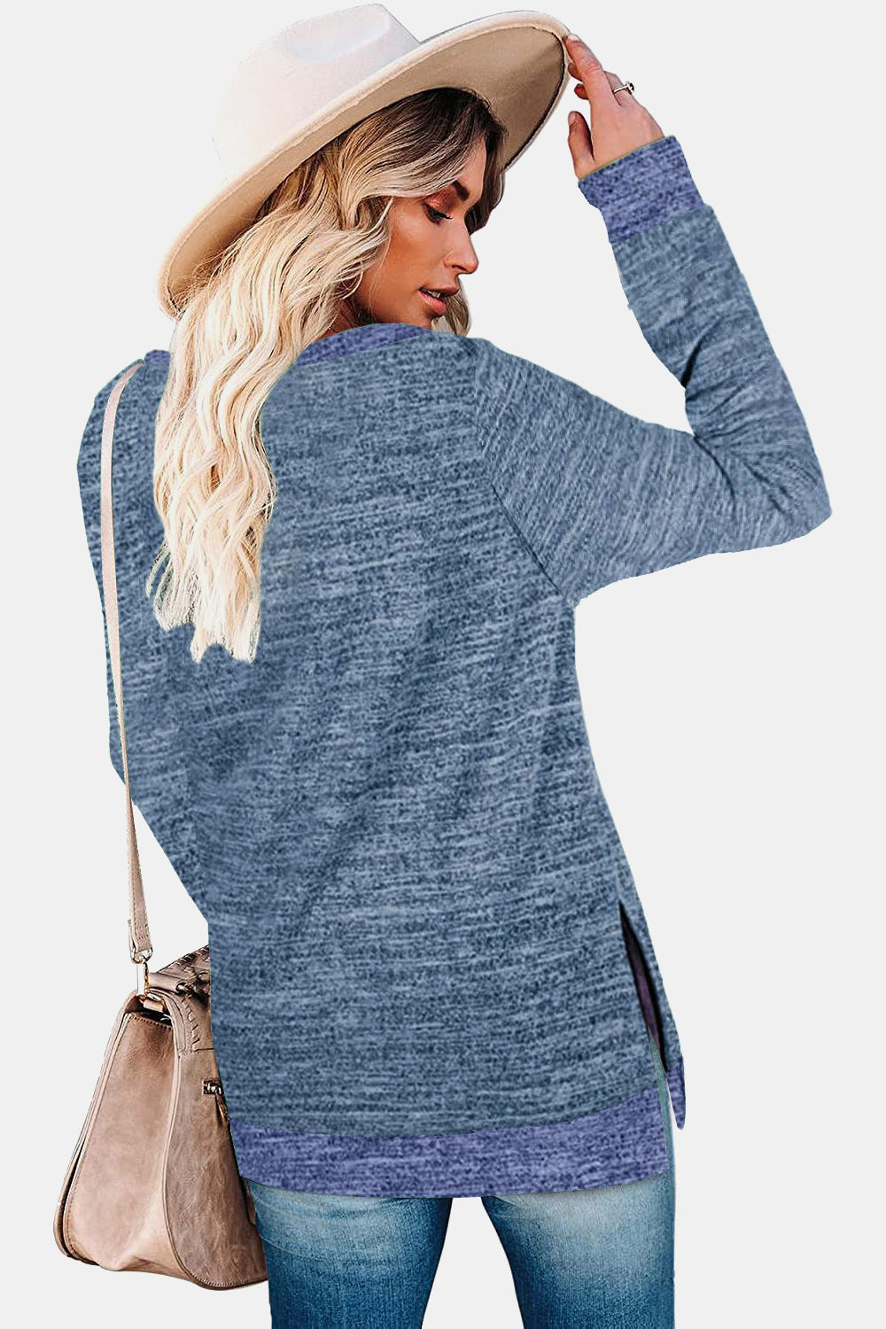 Round Neck Long Sleeve Slit T-Shirt - AllIn Computer