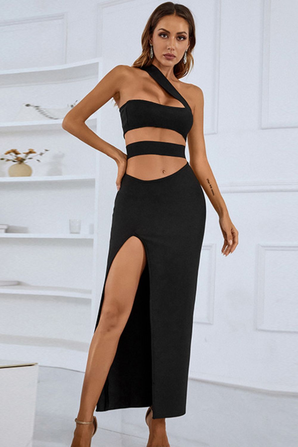 One-Shoulder Cutout Front Split Maxi Dress - AllIn Computer