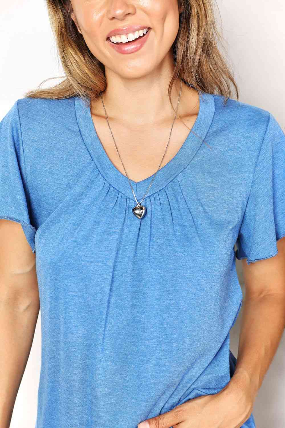 Double Take Ruched V-Neck Short Sleeve T-Shirt - AllIn Computer