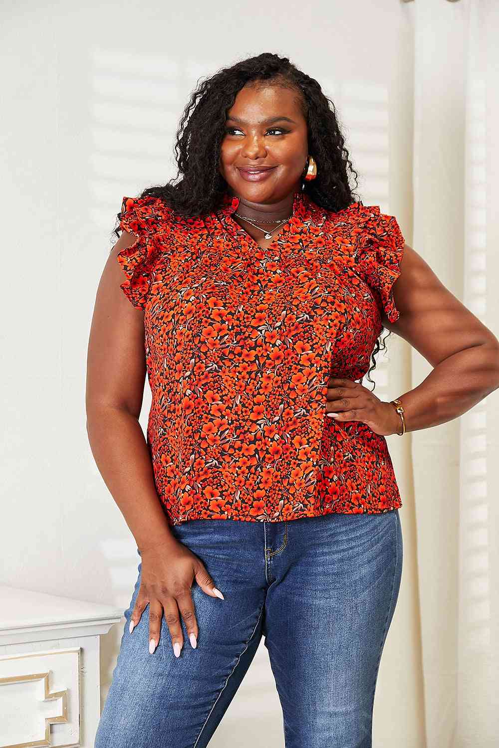 Double Take Floral Flutter Sleeve Notched Neck Blouse - AllIn Computer