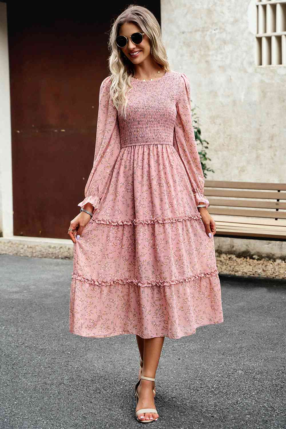 Smocked Flounce Sleeve Midi Dress - AllIn Computer