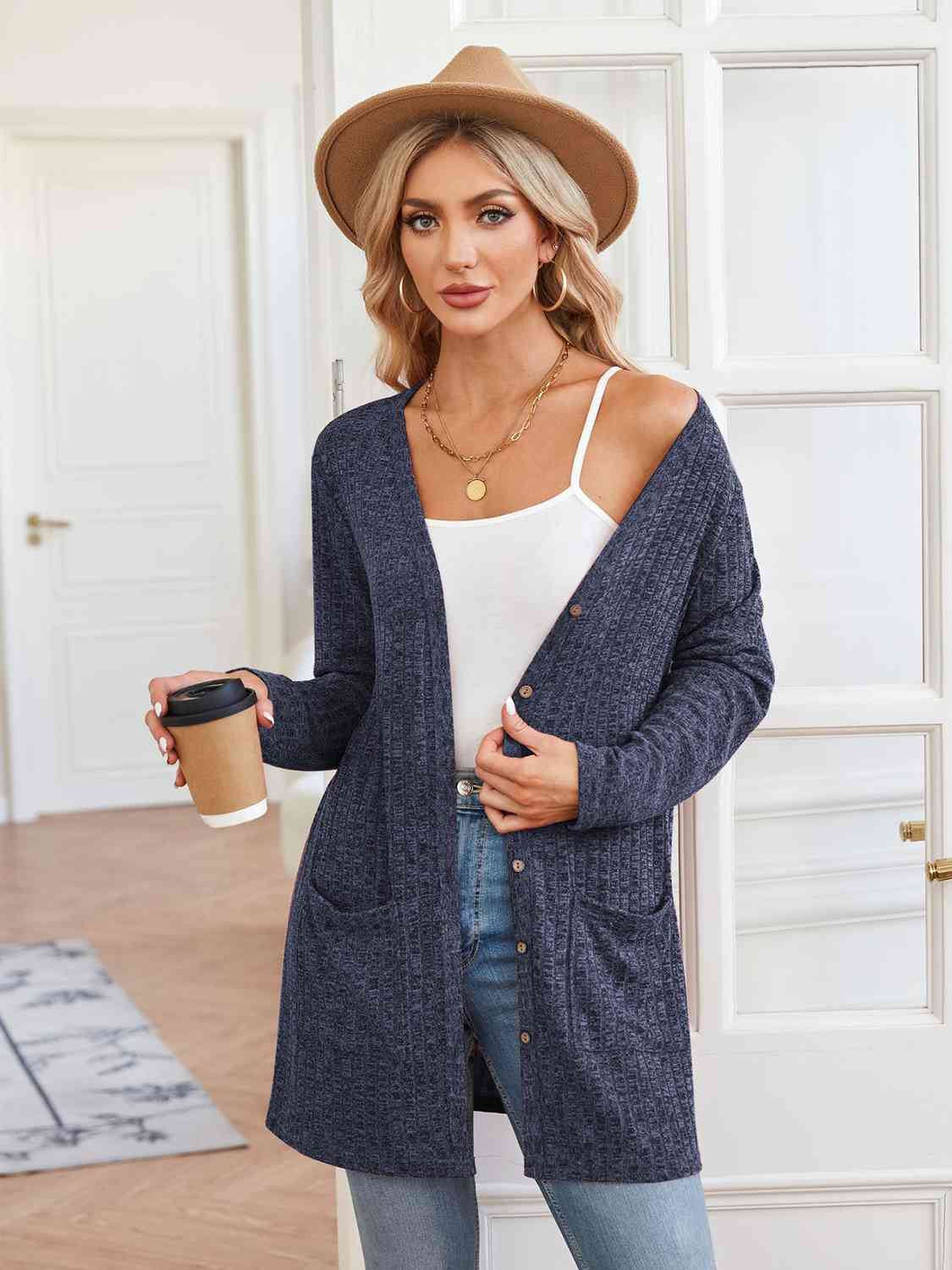 Ribbed Button Up Cardigan with Pockets - AllIn Computer