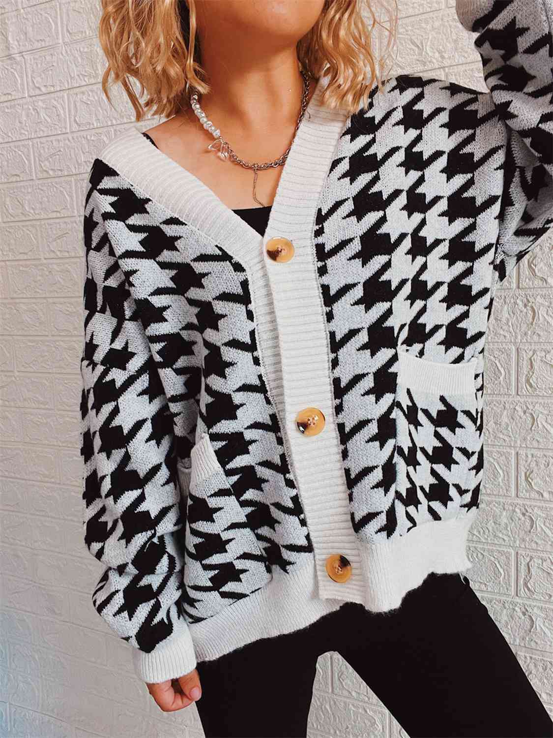 Houndstooth Botton Front  Cardigan with Pockets - AllIn Computer