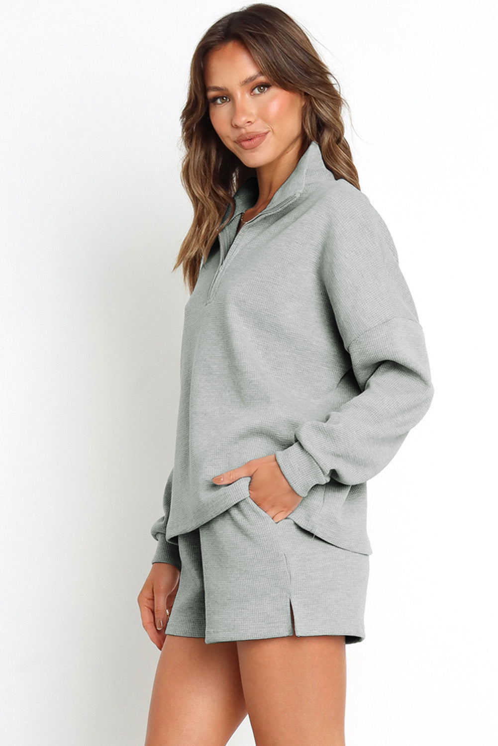Collared Neck Zip-Up Top and Slit Shorts Set - AllIn Computer