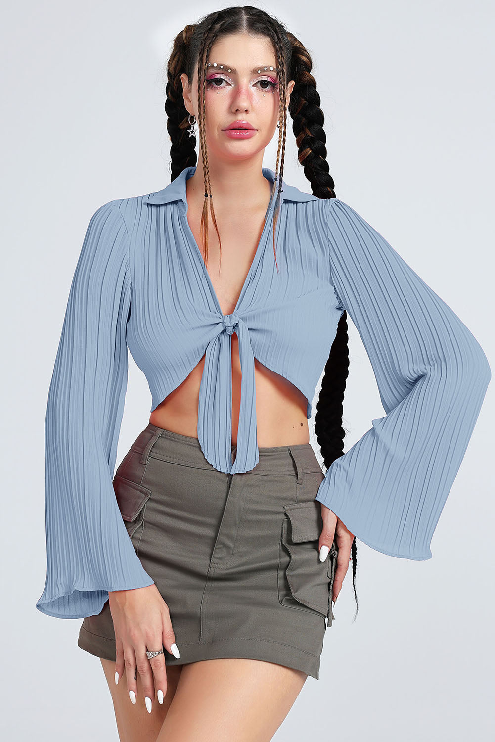 Tie Front Johnny Collar Flare Sleeve Cropped Top - AllIn Computer